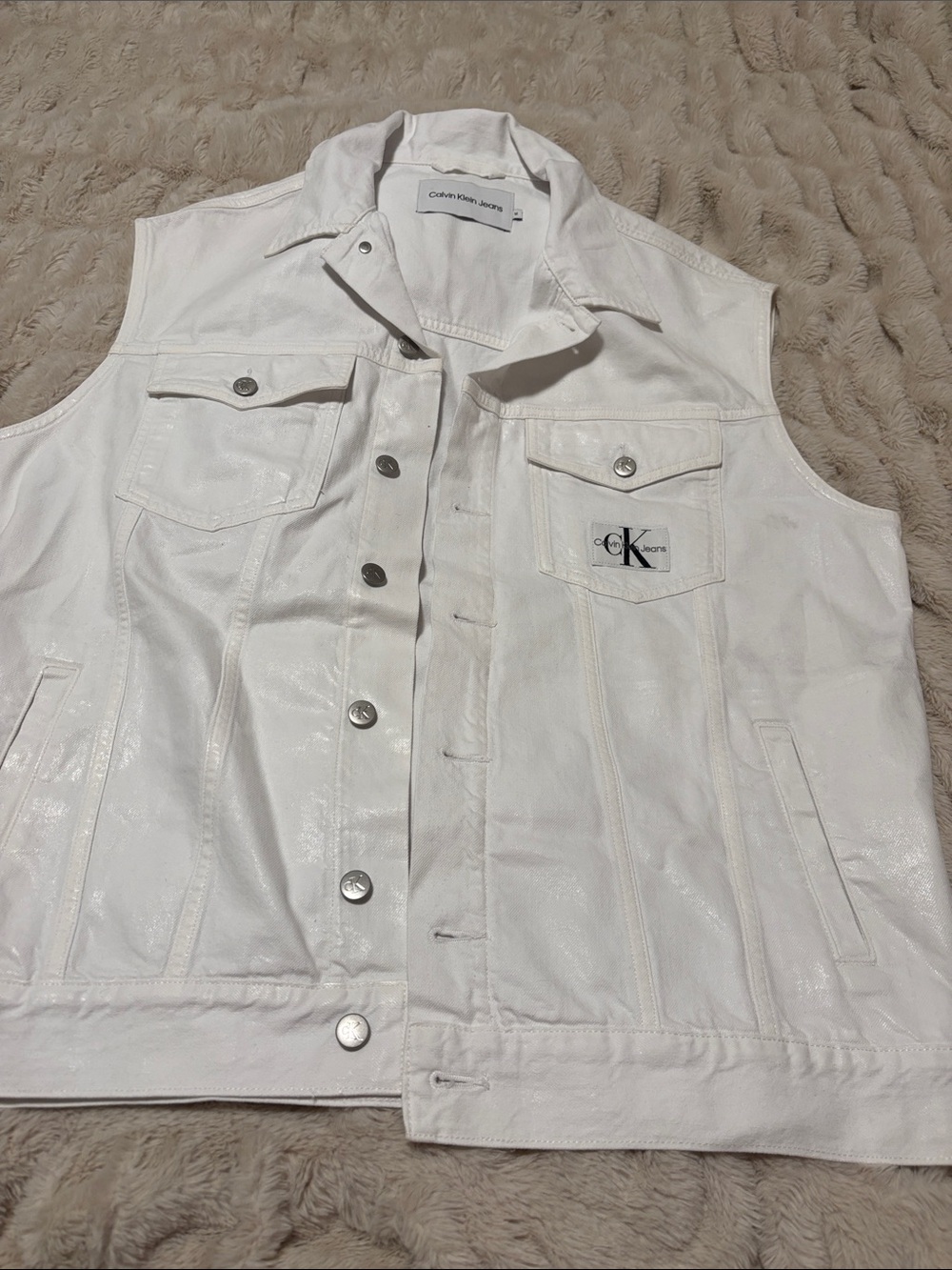 Calvin Klein Jeans White Sleeveless Denim Vest with CK Patch